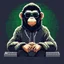 Placeholder: A Monkey sitting in front of a computer, wearing a hoodie and sunglasses. Matrix in background. Pixel Art. Profile Picture. Avatar. Pixel