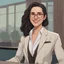 Placeholder: a portrait of smiling woman wearing ivory blazer with white shirt inside. long black hair, messy hair. light skin. black eye pupils. big nose. pear face shape. wearing small rectangle glasses, transparent glasses frame. thick eyebrow. pixar style. caricature. 3D. 4k. portrait. highly detailed. sharp focus. high resolution. full color. cinema lighting