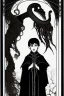 Placeholder: 7 year old boy, necromancer, friendly, looks dead,with a lamprey serpent , wearing black robes, in the style of Harry Clarke