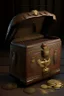 Placeholder: in the BASEMENT there is an old, broken brown oblong leather chest with short handles, with a hole on the side, gold coins from the time of Catherine the Great fall out of it. The ancient coat of arms of tsarist Russia, the double-headed eagle, is BARELY VISIBLE on the bag. All in high quality 8K