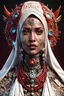 Placeholder: 3D rendering of Expressively detailed and intricate of a hyperrealistic “cyborg hijaber”: front view,colorful paint, tribalism, shamanism, cosmic fractals, dystopian, octane render, volumetric lighting, 8k post-production, red and white, detailled metalic bones, dendritic, artstation: award-winning: professional portrait: atmospheric: commanding: fantastical: clarity: 16k: ultra quality: striking: brilliance: stunning colors: amazing