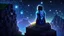 Placeholder: Minecraft Character, minecraft theme, purple starry sky, meditating, facing back, wearing gown, minecraft style, in between two cliffs,