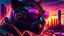 Placeholder: face portrait of a suave bounty hunter panther with black sunglasses relaxing outside a club. sunset. intricate details. Big city background. photo real. reflections. 8k. subtle rgb streaks