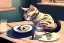 Placeholder: A cat is sitting on a table eating sushi. Manga style. Perfect iris. Paws