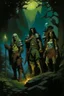 Placeholder: 1970's dark fantasy cover dnd style oil painting of group of heros, an elf, a halfling, an ogre, a human and an herbalist in the docs at night with minimalist far perspective. Magazine.