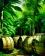 Placeholder: A green jungle with wooden barrels painted by John Singer Sargent