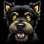 Placeholder: face of an angry scruffy black terrier on black background, yellow eyes, defined teeth, turned to the side, fantasy horror graphic novel illustration