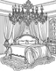 Placeholder: a cut outline art for adults coloring book pages.A bedroom with a chandelier and a bed with a blanket on it ,white background, sketch style, only outlines used, cartoon style, lines, coloring book, clean lines, no background. White, Sketch style.