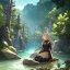 Placeholder: anime girl praying, kneeling, rock trees, birds, creek