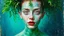 Placeholder: old retro photograph, light vignette, faded, worn and cracked, double exposure, surrealism, female humanoid from another world, red lips, half body, greenish blue pale transparent glowing skin, bald head, plants growing out of head, tattoo on head, alien transparent eyes, double exposure, hyperdetail, double exposure, Anna Razumovskaya, Anna Dittmann, Luis Royo, Neo-impressionism, expressionism, oil painting. Bold, detailed and textured brushstrokes reminiscent of Royo and Peter Coulson. Deep co