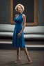 Placeholder: Powerful classical portrait of a modern blonde queen in her late 50s wearing a blue dress standing in a powerful position a little zoomed out