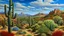 Placeholder: Oil painting of a desert landscape with saguaro cacti, low shrubs, and mountains in the background, under a blue sky with a few clouds. The foreground is dominated by various desert plants, including saguaro cacti of different sizes and shapes, some tall and slender, others with multiple arms. The ground is covered with low-lying shrubs and grasses, creating a textured and varied terrain. The color palette is dominated by greens, browns, and blues, with subtle variations in tone and hue. The mou