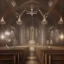 Placeholder: old church interior where lots of people praying, scary, steam punk, realistic, made in octane, cinematic, ultra-realistic, extremely detailed octane rendering, 8K, VRAY Super Real ar 2:3, dof photorealistic futuristic 50mm lens hard lighting dark gray tintype photograph, realistic lighting