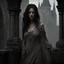 Placeholder: In this mesmerizing macabre portrait scene, behold the haunting allure of a stunningly beautiful brunette, her tattered dress contrasting between shades of brown and white. She is bound to a stake, situated just outside an ancient castle shrouded in a damp and dismal veil of gray stone. The background is a maximalist masterpiece, composed with breathtaking intricacy and complexity, showcasing a fluid gouache artwork. With artistic finesse, volumetric and dynamic lighting create a captivating int