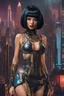 Placeholder: full-body-art of a woman with a bob with a fringe hairstyle, Cleopatra clothing, black knee-high boots, cyberpunk city background