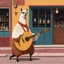 Placeholder: [art by Wes Anderson] a lama in playing guitar while singing on the doorstep of the bar