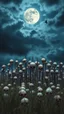 Placeholder: A moon in the blued blurry dark sky background and out of this world galaxy in a blue and gray cloud of stormy weather a many large amount of thick sticks fixed on the ground with many skulls the same size more than 30 put on the top of it ultra hi quality picture with cinematic science, tragedy, a small black birds far in hovering in the horizon in the big field of grass near front view of the skull filling all the fields in everywhere