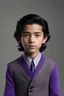 Placeholder: 11-year-old, boy, long hair, black hair, grey colored eyes, grey iris, olive skin tone, good-looking, carelessly handsome, slightly spoiled, haughty look on his face, wealthy, aristocratic, high cheekbones, thin, toned, purple sweater vest,