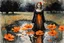 Placeholder: Night, one woman, orange flowers, gothic horror movies influence, puddle, epic, winslow homer watercolor paintings