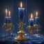 Placeholder: Midnight blue candles on a three-armed gold candlestick, dripping wax. Illustrative art, art interpretation, concept art, cgsociety contest winner, seasonal art, seasonal art HD, 4k, 8k, intricate, detailed, intricately detailed, luminous, translucent fantasy crystal, holographic data, soft body, shadow play, light, fog, atmospheric, cinematic, light film, hyper-detailed, hyper-realistic, masterpiece, atmospheric, high resolution, 8k, HDR, 500px, mysterious and artistic digital art, phototic, in