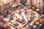 Placeholder: top view of a miniature restaurant scene with cute chibi anime kitten guests and waiters, meal, flowers S<AI in sunshine, photorealistic, 3D, ethereal, cinematic postprocessing, bokeh, dof