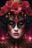 Placeholder: black and pink and gold theme, close-up bioluminescent sparkling crimson red very different face of a woman surrounded by gold sparkles and black flowers, crimson red painted face, expressive and mysterious, a galaxy in her eyes, eyes pointed upwards, in a mysterious dark landscape, detailed matte painting, fantastical, intricate detail, splash screen, colorful, fantasy concept art, 8k resolution, Unreal Engine 5, centered, high contrast sharp focus, black and red theme, glossed and polished