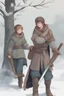 Placeholder: DnD style, two medieval peasant kids playing in the snow, female age 14 and male age 15, happy and playful, he has a short sword. Coats and pants