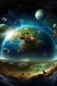 Placeholder: Vthe stars with earth and other planets in it,Bosch painting style, show a shot of a view of earth surface