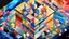 Placeholder: Creación de composición por collage con cubo isométrico y repetición en mosaico con alineación espacial y superficie iridiscente estilo cubismo sintético