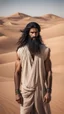 Placeholder: An Arab man in the desert, tall and strong, with long black hair and a thick beard. A long face, a large nose, a thick face, and sharp black eyes. A solid and muscular body with a strong build.