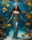 Placeholder: Fullbody excellent pose gorgeous photography art realistic,cinematic realistic colors,soft blur ,natural beauty, of young woman, smiling, beautiful, shiny grey eyes, make up,Queen Persian style, shiny baubles, ornate, large gemstones, shiny molten metalics, shiny wire filigree, brown hair, high definition, Walk in underwater scene teeming with colorful fish nemo, many full fishes swim, and gentle sea turtle