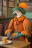Placeholder: Half parrot half human in a 1700s Orange Dutch uniform in a Dutch cafe