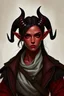 Placeholder: a dungeons and dragons character portrait. an adult female Tiefling with red skin and black horns, bard named Ellie. Give her a diplomat style look