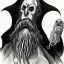 Placeholder: Cthulhu with white skin and a beard made of fleshy tentacles as a Russian Orthodox nosferatu with yellow eyes and vampire fangs and quills on the head