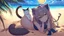 Placeholder: Highly detailed medium shot of a cat, sand, hot, cute, tail, sun, large