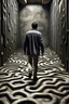 Placeholder: A man walking in a deep labyrinth with no face