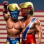 Placeholder: Realistic image of Donald trump wrestler, Mexican wrestling style, Mexican wrestling mask for eyes, red and blue breeches, glow us flag dress, suspenders, retro style, 80s, vibrant color, highly detailed, sky background, concept art, unreal engine 5, god rays, ray tracing, RTX, lumen lighting, ultra detail, volumetric lighting, 3d, finely drawn, high definition, high resolution.