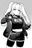 Placeholder: blonde girl with ponytails dressed in a jacket and shorts walks briskly, greyscale