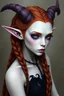 Placeholder: teifling, pale ivory skin with lavender undertone, lavender eyes, long red hair braided. 5 foot 4 inches tall. very slender haunted one background make more gothic druid/sorcerer