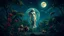 Placeholder: Venus in the night jungle, surrounded by exotic flora and observed by lions under the full moon.