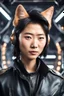 Placeholder: Make Asian Actor with cat ears in a leather jacket, on a spaceship deck