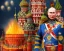 Placeholder: Russia president Vladimir Putin devil fangs and Moscow in fire with roket