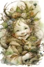 Placeholder: Artist Jean-Baptiste Monge style. A young toddler Elf child is smiling.pale skin.curly fine hair. round baby face. hugging her pet cat. her ears pointed. freckles across her nose and face. wreath of flowers in hair.