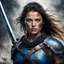 Placeholder: In a riveting display of resilience, a woman warrior’s intense blue eyes run in the battle, awash with the echoes of battle, pierce through the cacophony of war's remnants. Her body, speckled with the freckles of youth and the splatters of conflict, stands as a canvas of courage behind the steel of her raised sword.