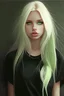 Placeholder: blonde, 5'8, big lips, black leggings, black shirt, white shoes, green eyes, straight hair, long eyelashes, nice