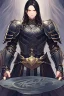 Placeholder: A dashing knight in steel plate armour, long black hair, pretty face, dignified, no beard, no moustache