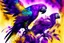 Placeholder: parrot-phoenix mix birds, a picture of togetherness, death, resurrection, purple in sunshine, watercolor and black ink outlines, sparkling golden glitter, ethereal, cinematic postprocessing, bokeh, dof