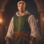 Placeholder: A handsome man blonde short hair green eyes wearing medieval white beige noble cloth at the medieval ceremony hall at night