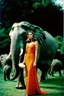 Placeholder: sixties, beautiful woman holding a piece of elephant art, Portra 400 film photo, analog inspiration, bubble, helmut newton, polaroid colors, realistic face, space age