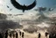 Placeholder: View of Elysium with winged females flying over people running away in fear